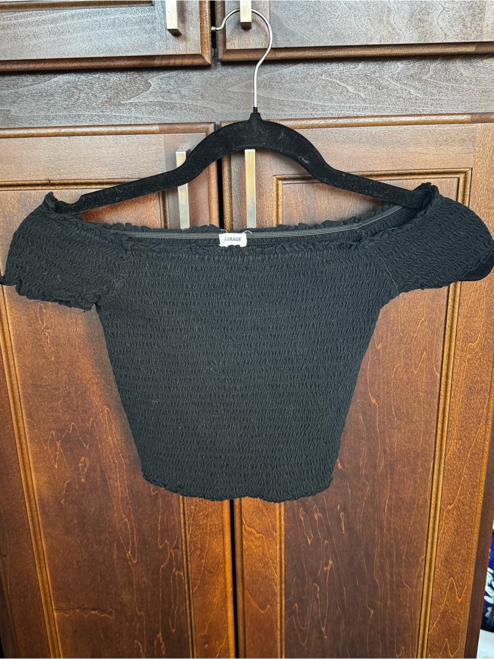 Garage Black Smocked Off The Shoulder Crop Top Short Sleeve P/S